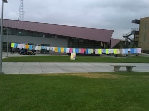 The array of t-shirts that was located near the cafeteria during the month of April